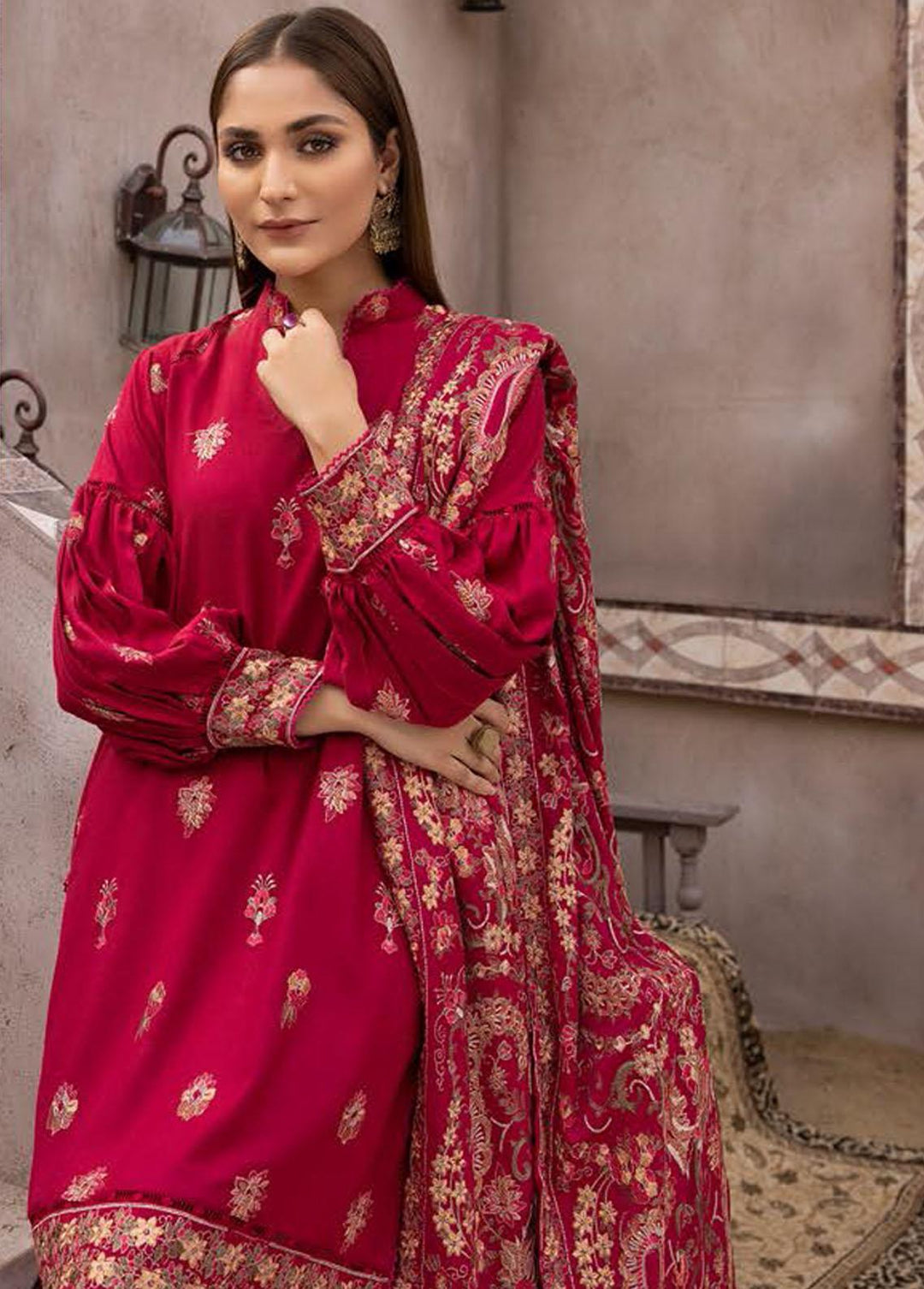 Mahees By Riaz Arts Embroidered Leather Peach Suits Unstitched 3 Piece RA22MP 09 - Winter Collection