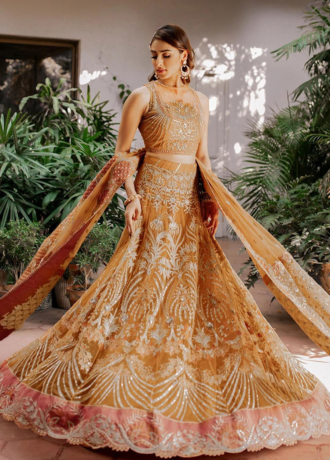 Mahgul Embroidered Net Suits Unstitched 3 Piece MG21WU MWC-01 Tangerine Garnet - Wedding Formals Collection