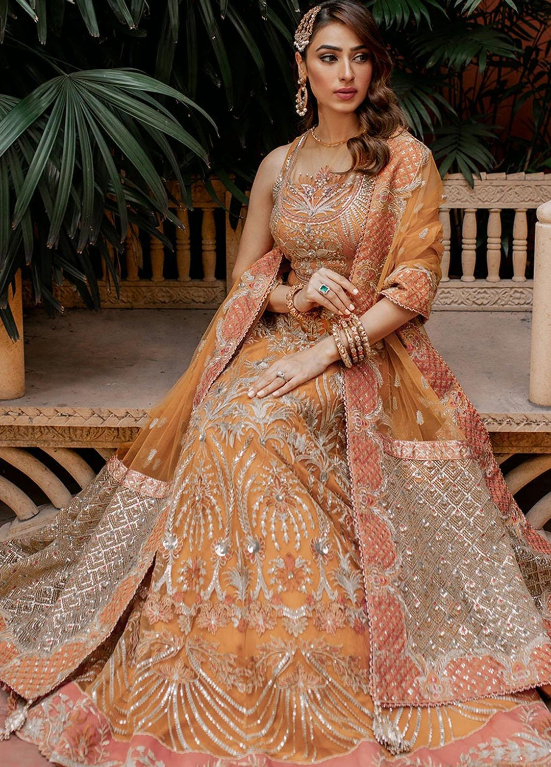 Mahgul Embroidered Net Suits Unstitched 3 Piece MG21WU MWC-01 Tangerine Garnet - Wedding Formals Collection