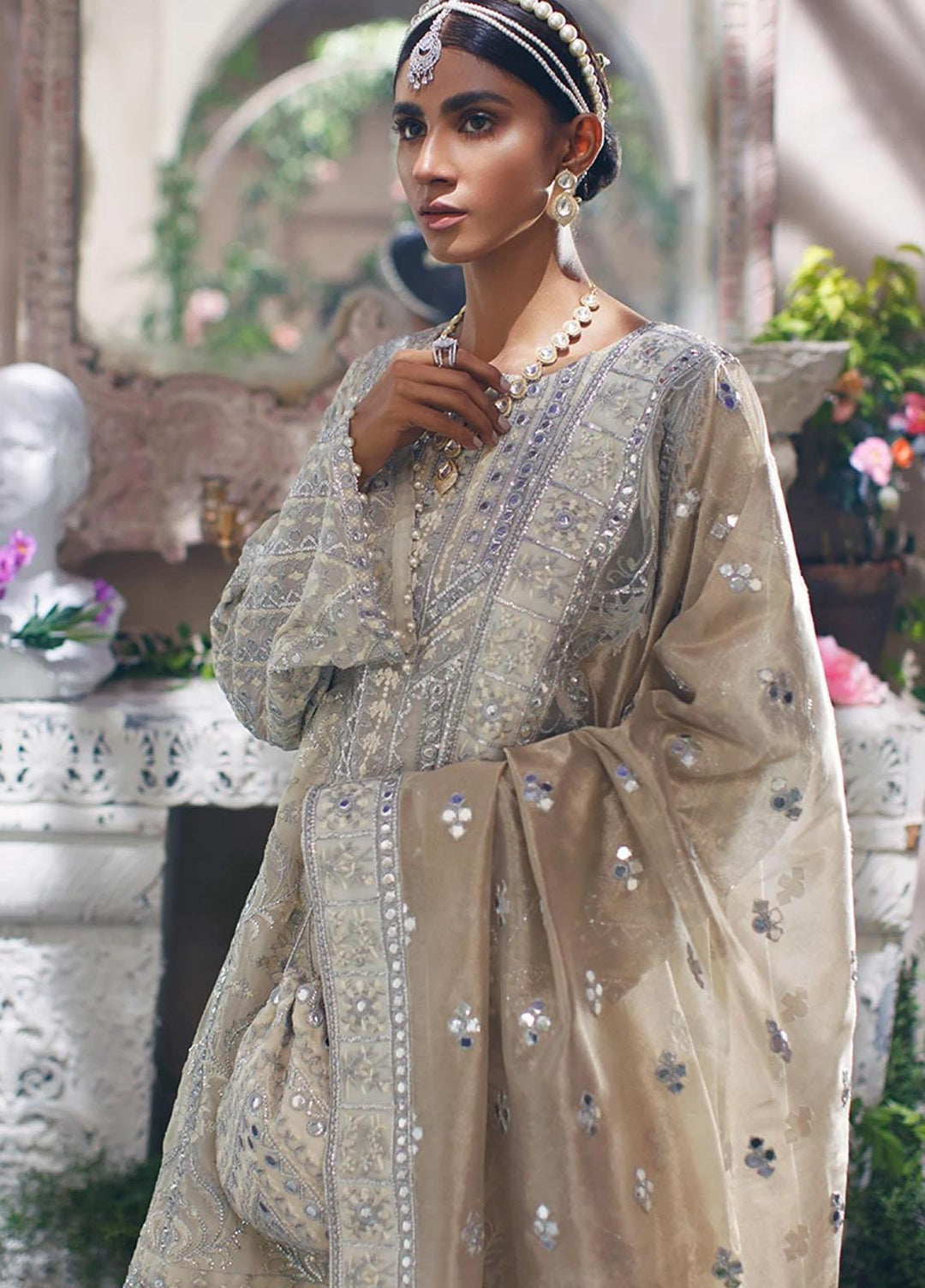Mahgul Embroidered Organza Suits Unstitched 3 Piece MG21WU MWC-03 Ivory Empress - Wedding Formals Collection