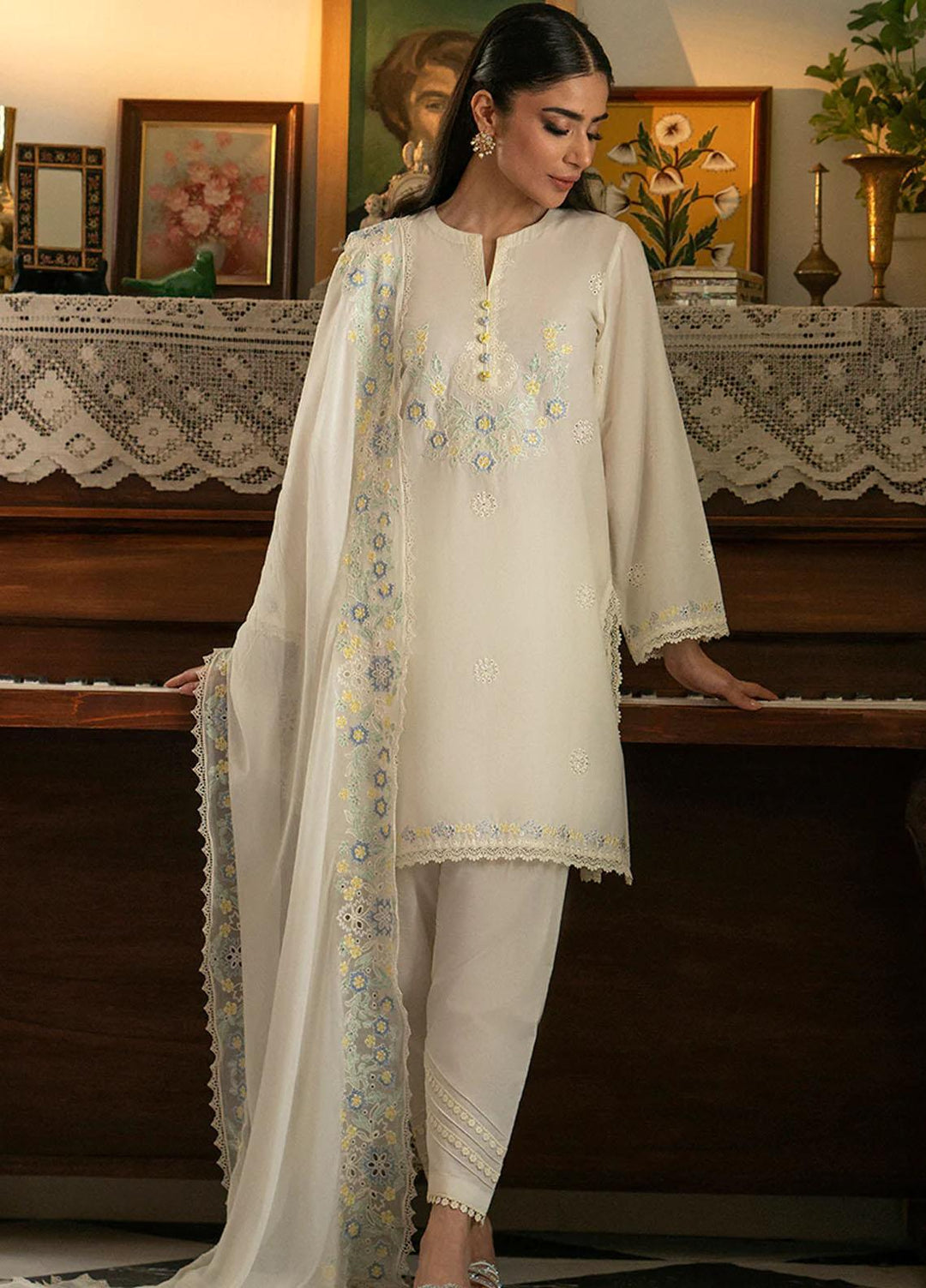 Mahiri By Cross Stitch Embroidered Cambric Suits Unstitched 3 Piece CS23M-V6 D-03 Grizzled Pearl - Festive Collection