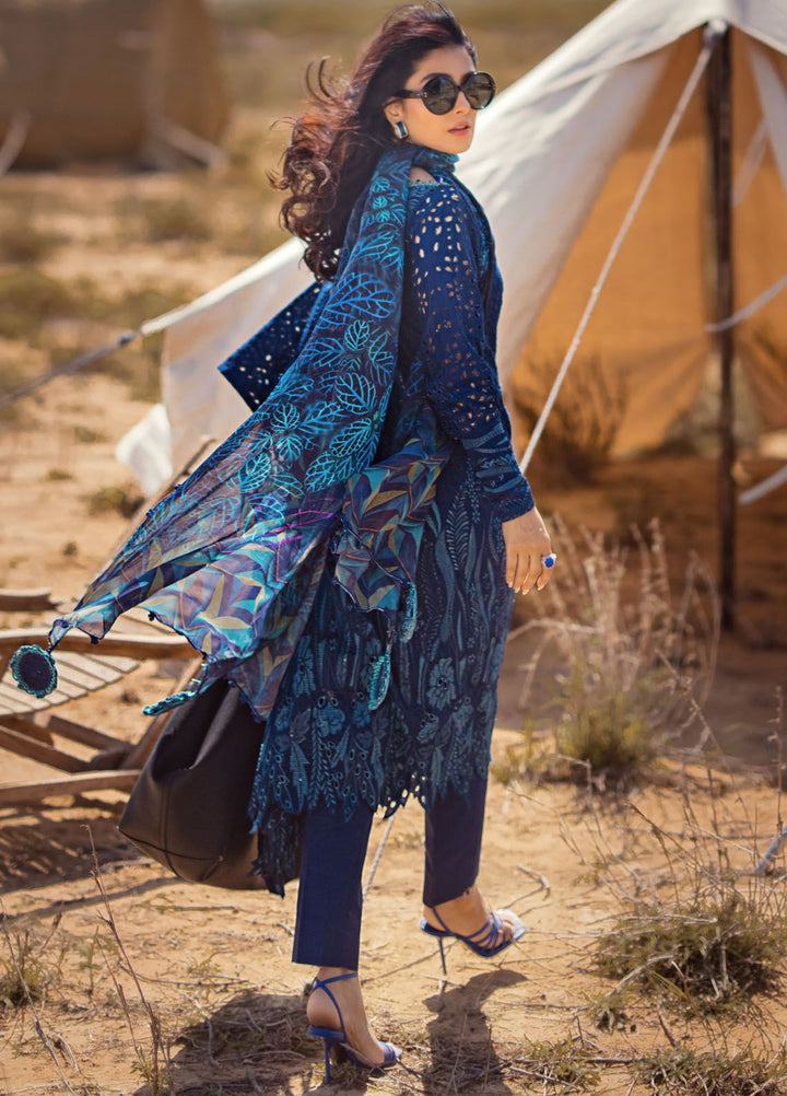 Mahiymaan By Al Zohaib Embroidered Lawn Suits Unstitched 3 Piece MAH24LL M-01 Sapphire Shadow - Luxury Collection