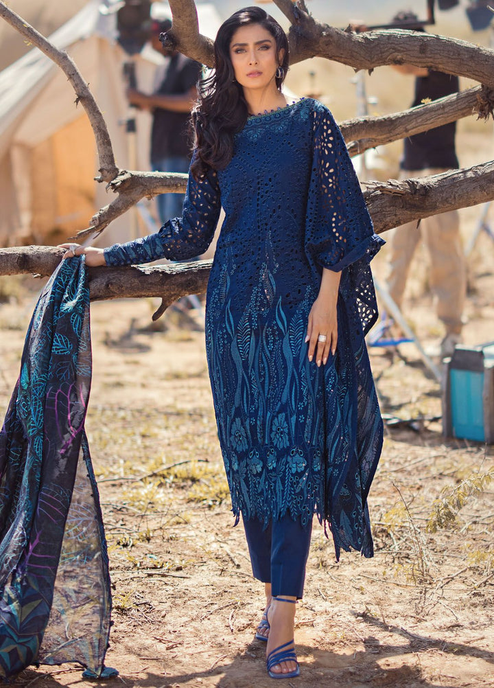 Mahiymaan By Al Zohaib Embroidered Lawn Suits Unstitched 3 Piece MAH24LL M-01 Sapphire Shadow - Luxury Collection
