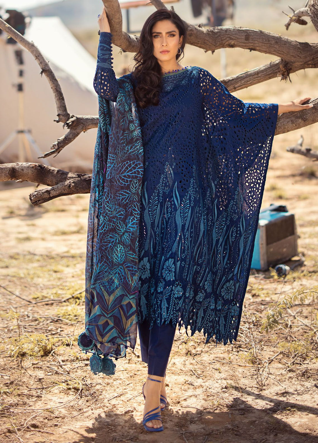 Mahiymaan By Al Zohaib Embroidered Lawn Suits Unstitched 3 Piece MAH24LL M-01 Sapphire Shadow - Luxury Collection