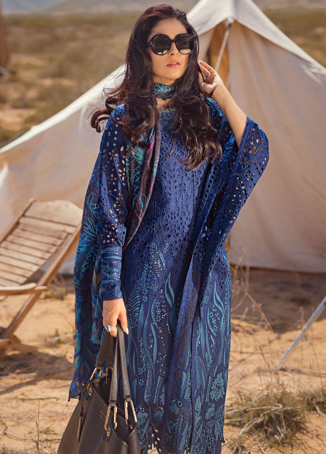 Mahiymaan By Al Zohaib Embroidered Lawn Suits Unstitched 3 Piece MAH24LL M-01 Sapphire Shadow - Luxury Collection