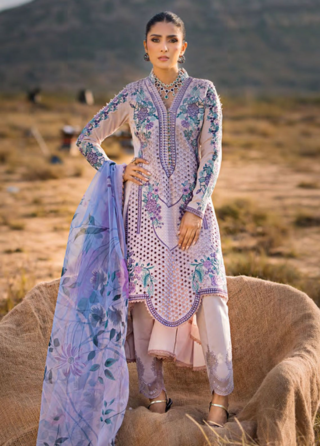 Mahiymaan By Al Zohaib Embroidered Lawn Suits Unstitched 3 Piece MAH24LL M-06 Lavender Mist - Luxury Collection