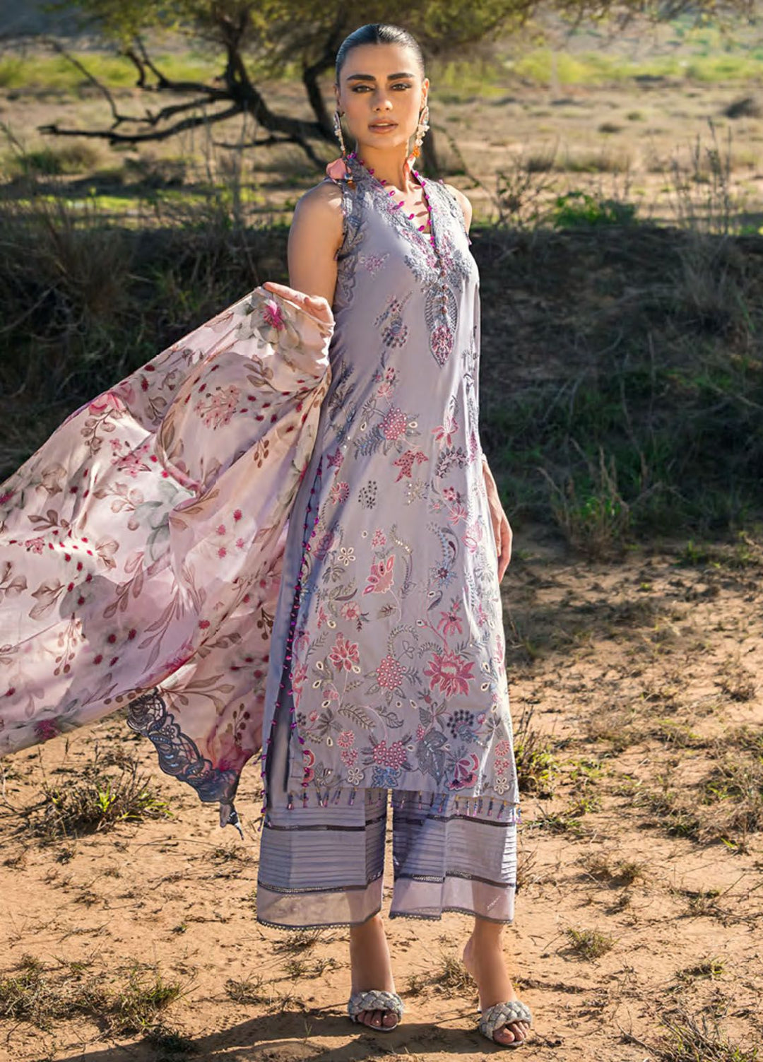 Mahiymaan By Al Zohaib Embroidered Lawn Suits Unstitched 3 Piece MAH24LL M-11 Blossom Ash - Luxury Collection