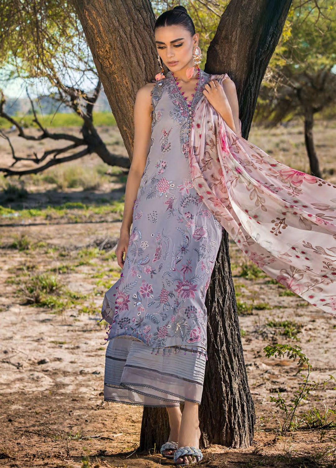 Mahiymaan By Al Zohaib Embroidered Lawn Suits Unstitched 3 Piece MAH24LL M-11 Blossom Ash - Luxury Collection