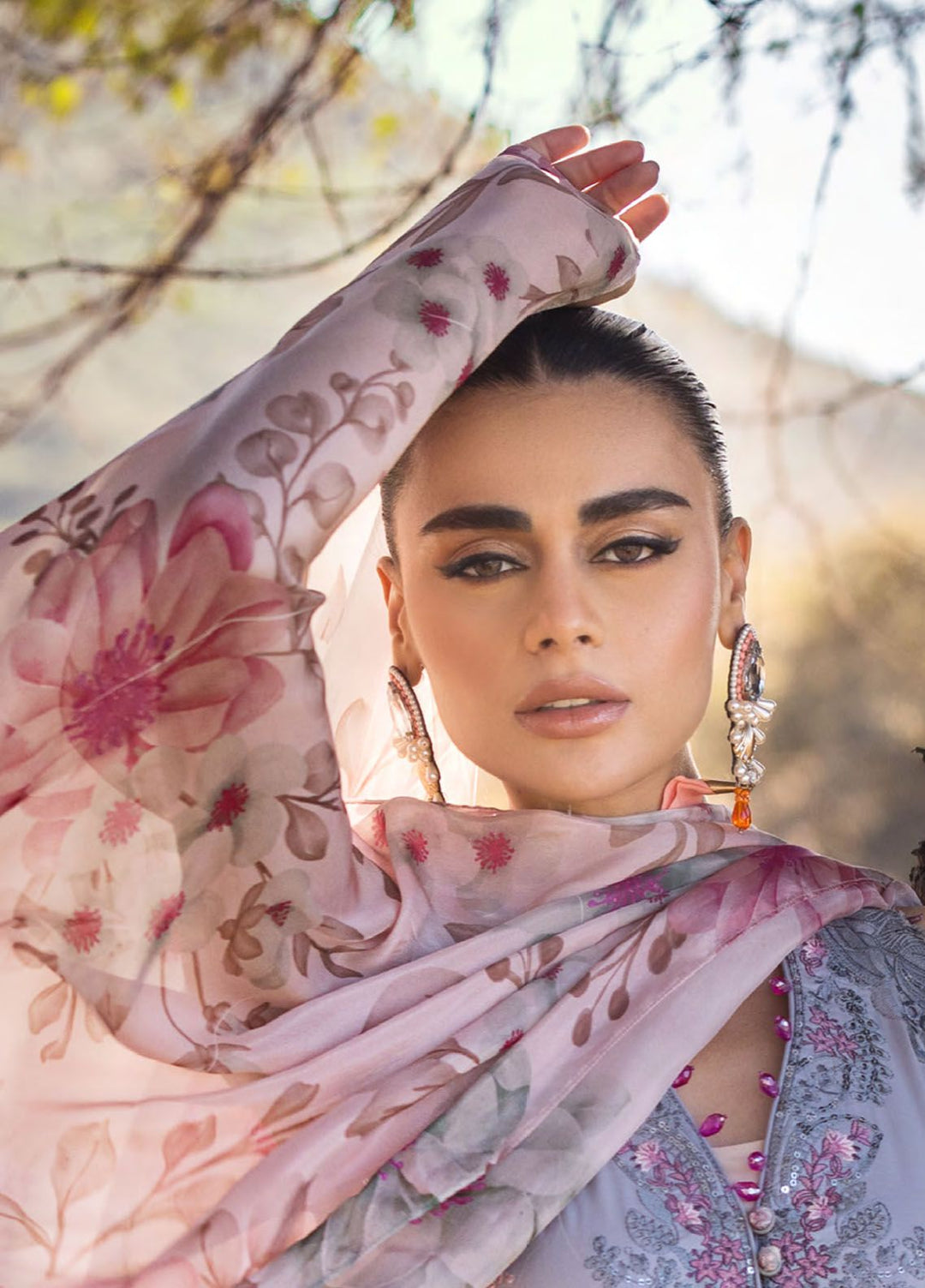 Mahiymaan By Al Zohaib Embroidered Lawn Suits Unstitched 3 Piece MAH24LL M-11 Blossom Ash - Luxury Collection