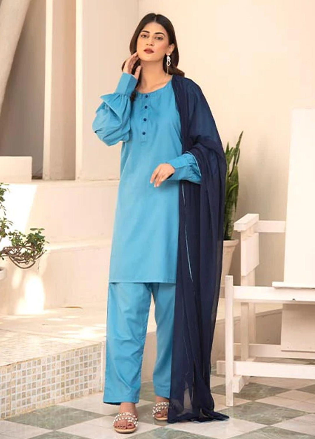 Nazmina Pret Casual Cotton 3 Piece Suit NZ23M Icy Blue (KP-258)