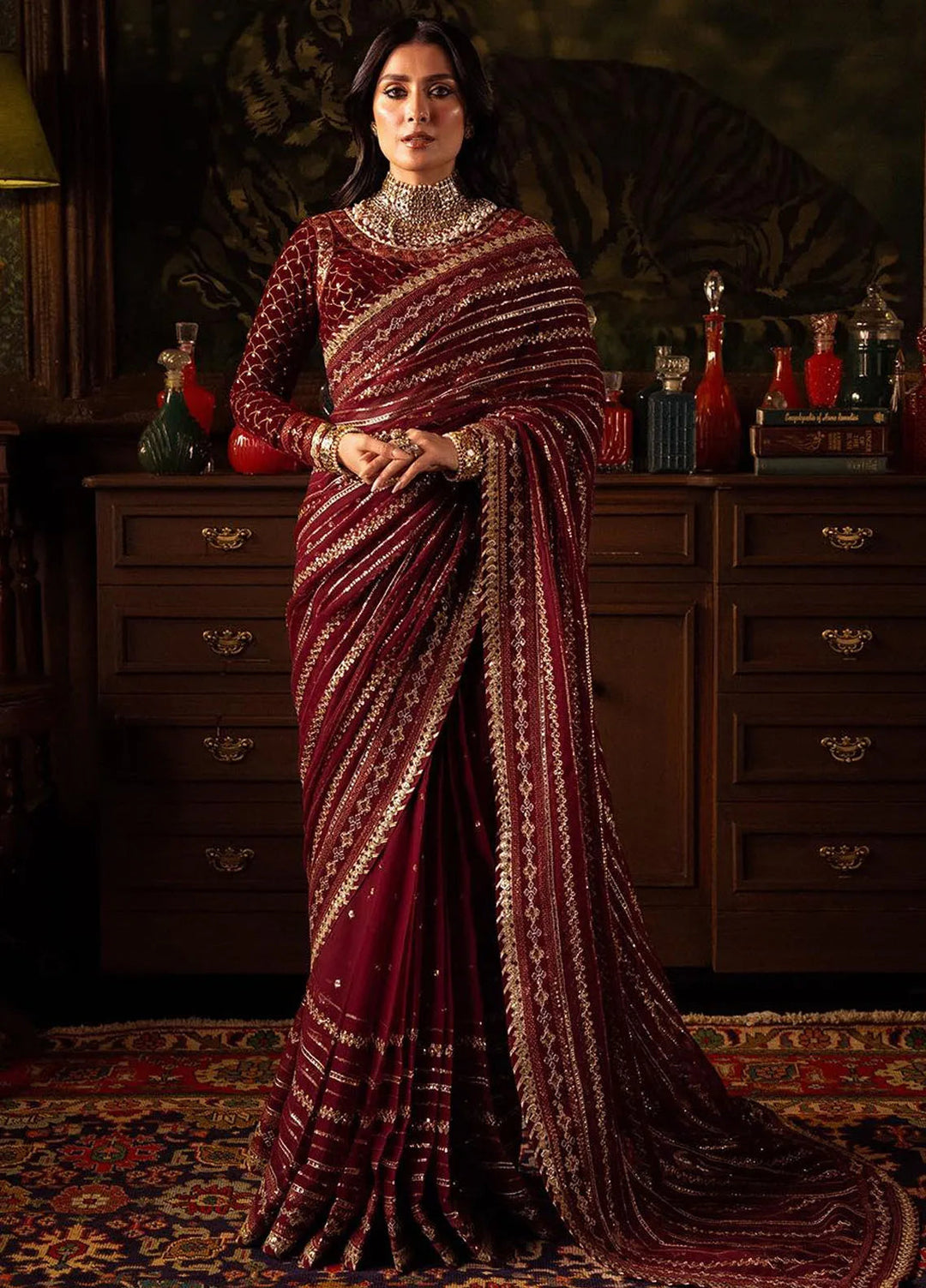 Makhmal By Asim Jofa Embroidered Velvet Saree Unstitched AJ23MK AJMM-02 - Wedding Collection