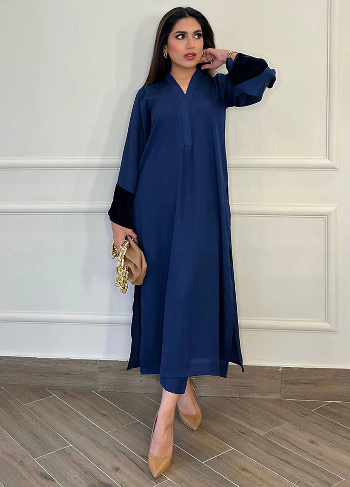 Manahils Pret Casual Georgette 2 Piece Suit Blue Long Velvet Tunic