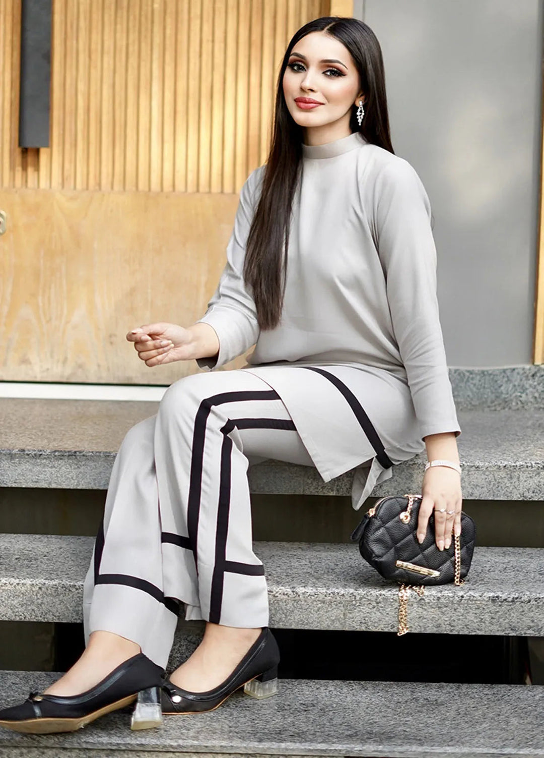 Manahils Pret Casual Georgette 2 Piece Suit Gray Strip