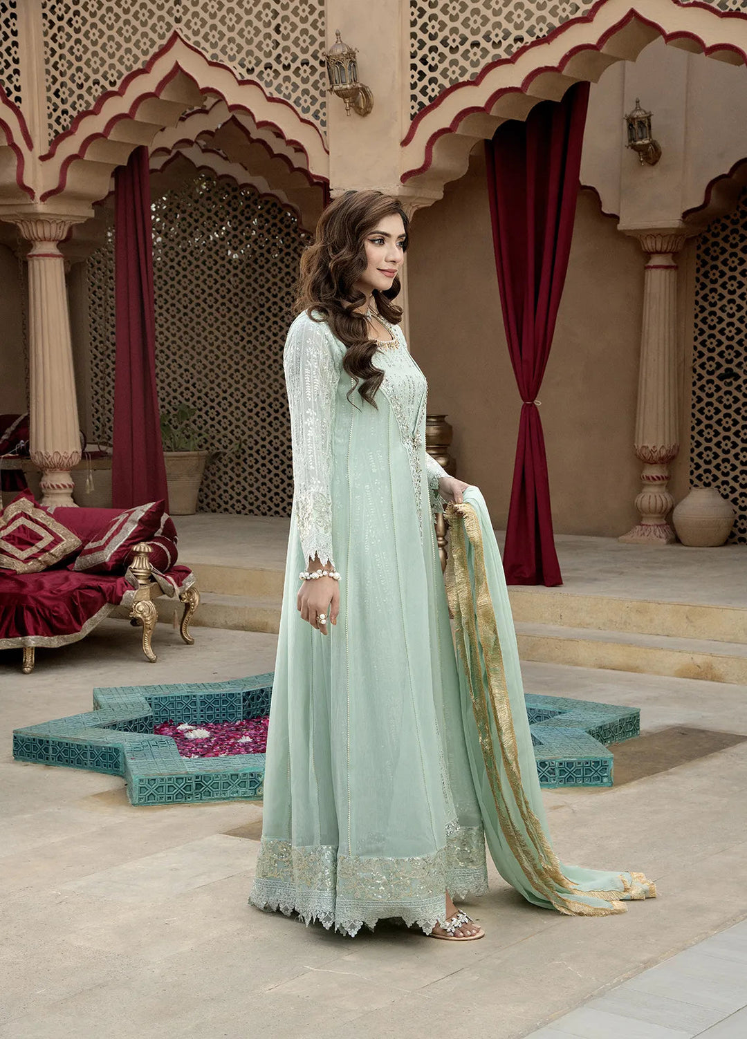 Manahils Pret Embroidered Chiffon 3 Piece Suit B-005-Aqua