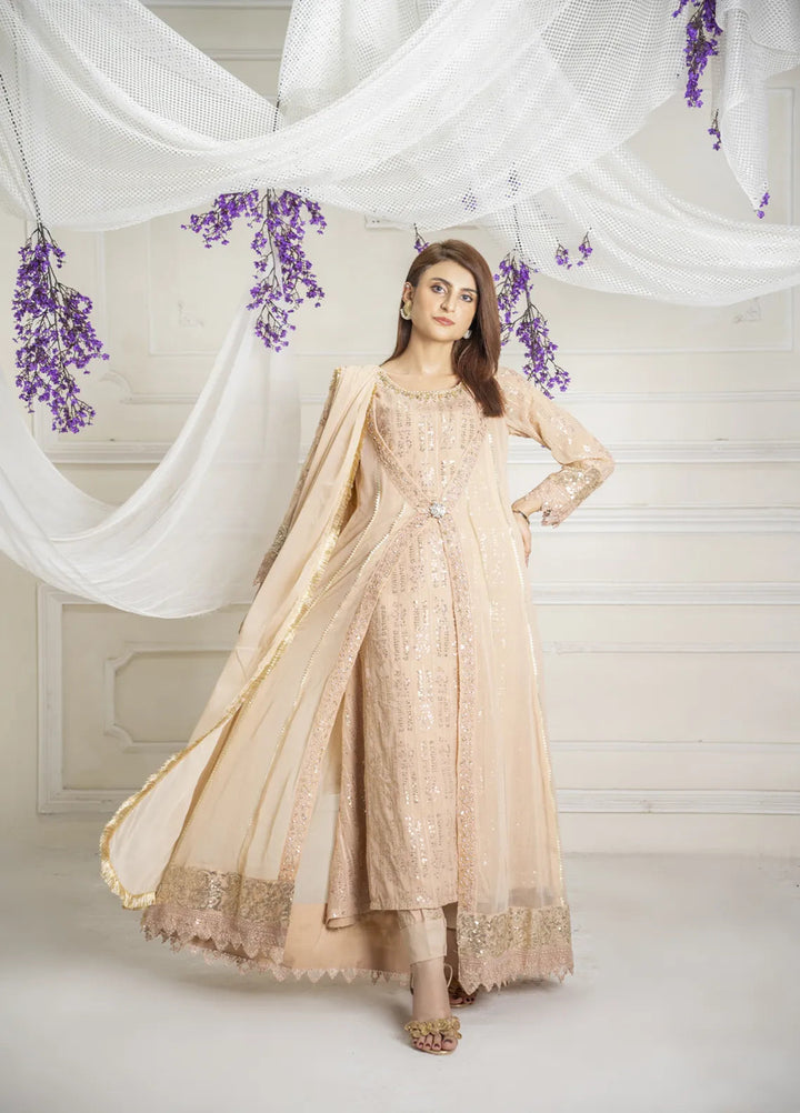 Manahils Pret Embroidered Chiffon 3 Piece Suit B 005 Peach