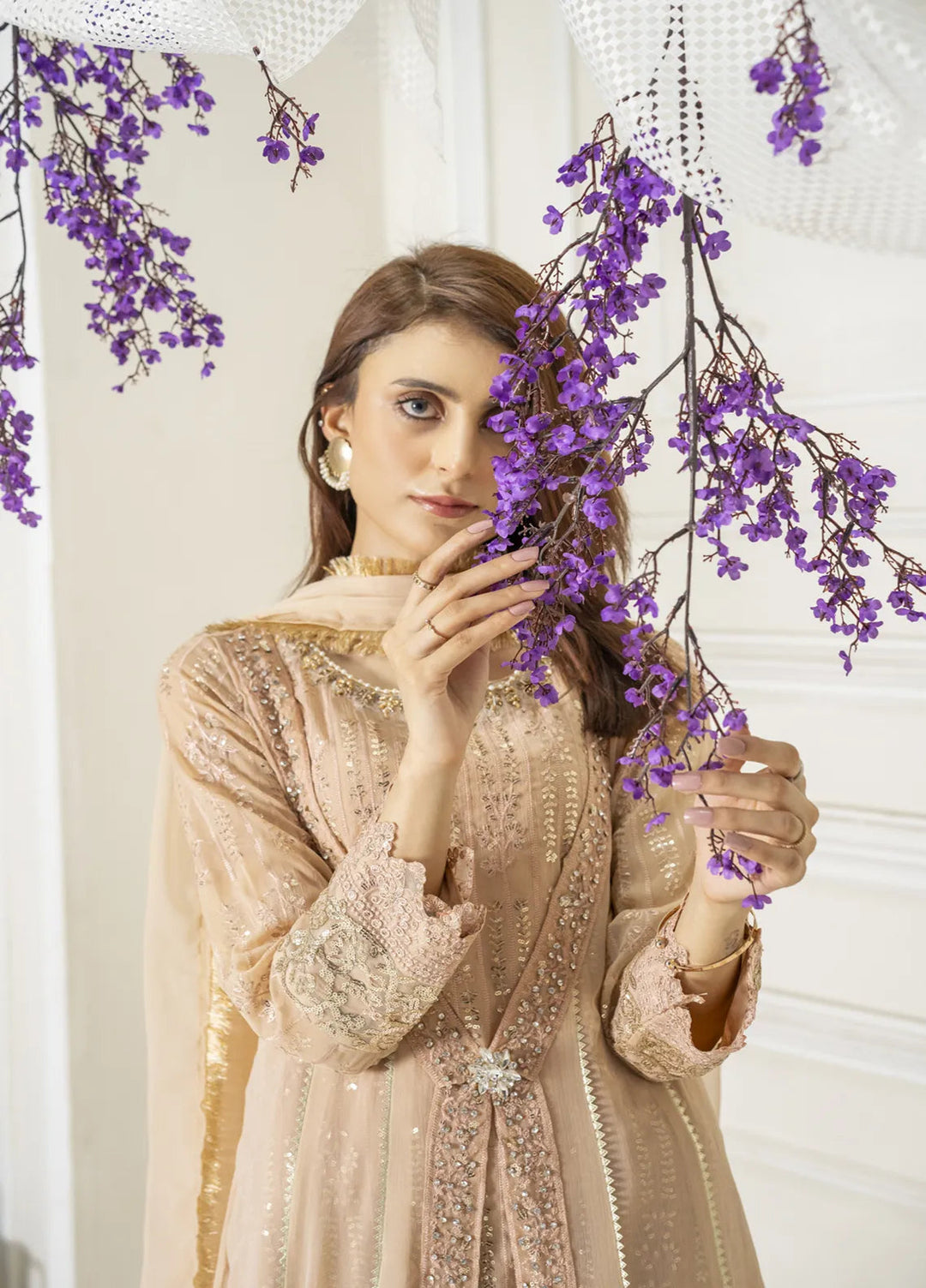 Manahils Pret Embroidered Chiffon 3 Piece Suit B 005 Peach