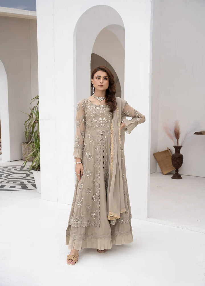 Manahils Pret Embroidered Chiffon 3 Piece Suit B 006 Camel Brown