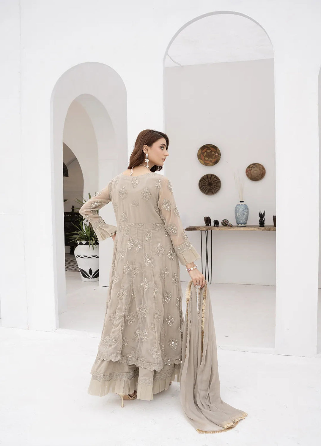 Manahils Pret Embroidered Chiffon 3 Piece Suit B 006 Camel Brown
