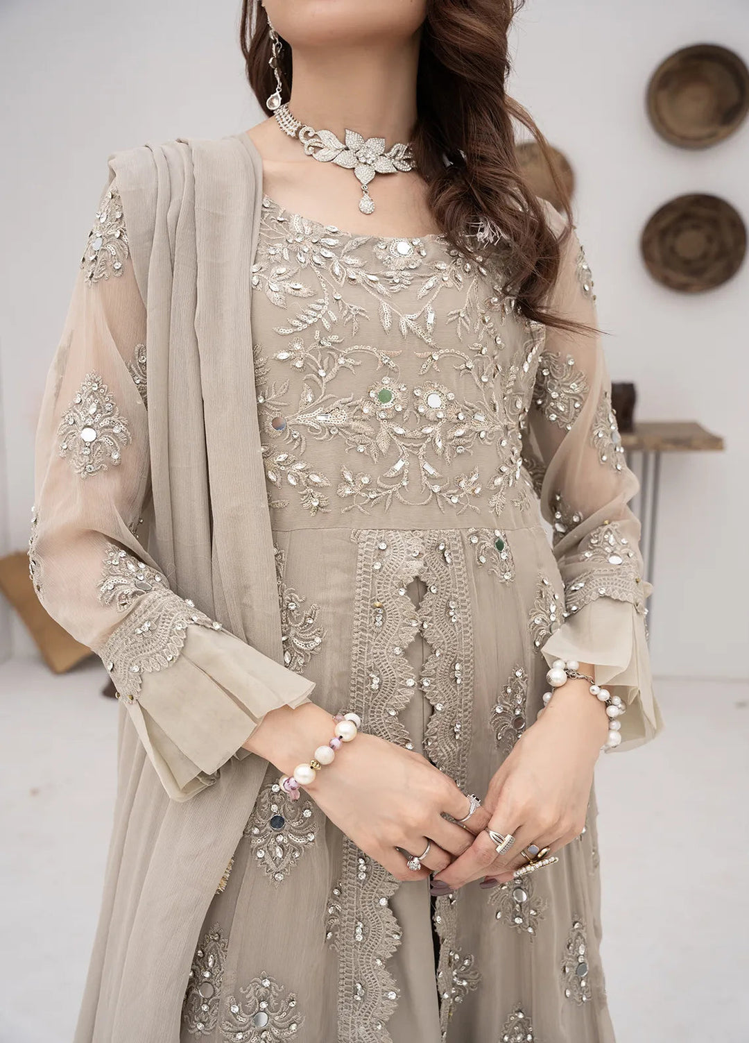 Manahils Pret Embroidered Chiffon 3 Piece Suit B 006 Camel Brown