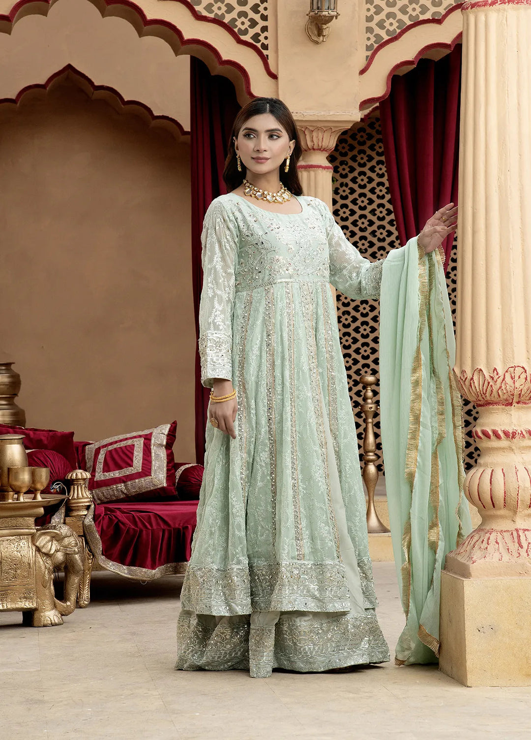 Manahils Pret Embroidered Chiffon 3 Piece Suit B-007-Aqua
