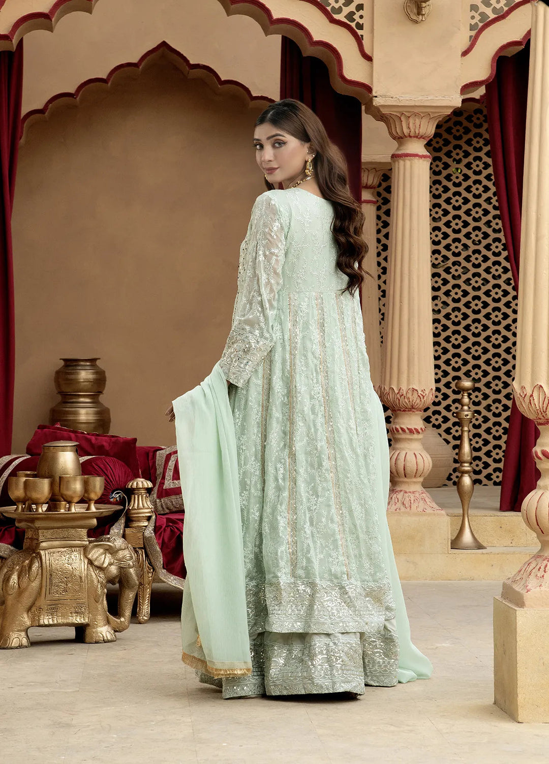 Manahils Pret Embroidered Chiffon 3 Piece Suit B-007-Aqua