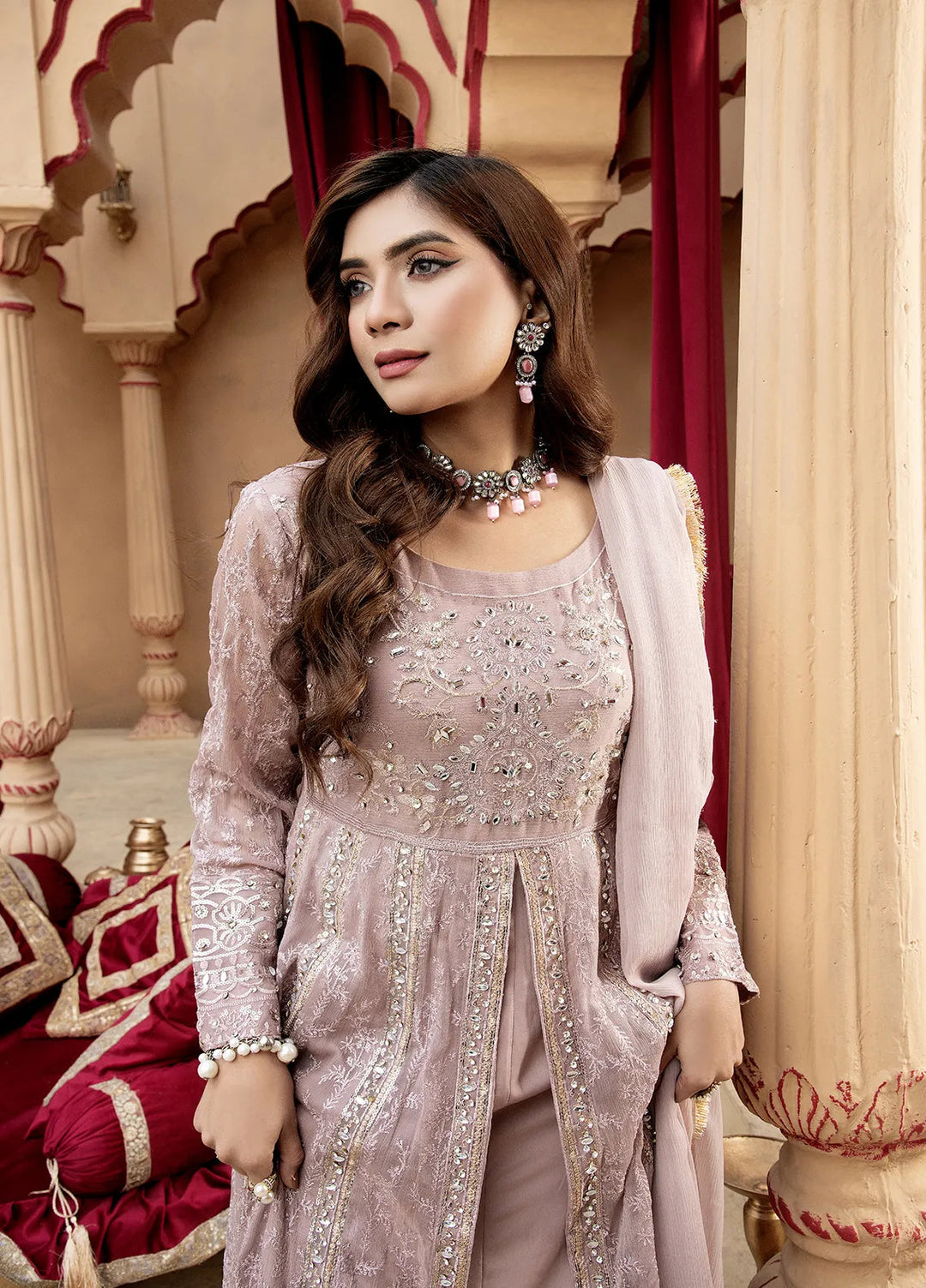 Manahils Pret Embroidered Chiffon 3 Piece Suit B-007-Lilac