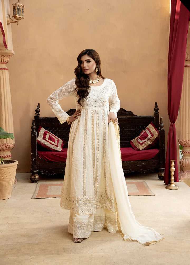 Manahils Pret Embroidered Chiffon 3 Piece Suit B-007-Off White