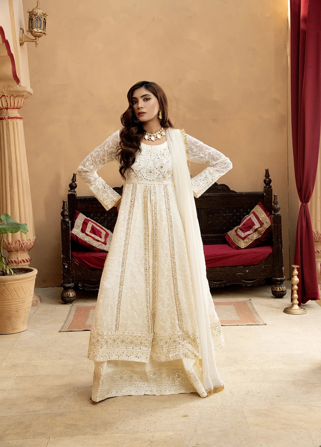 Manahils Pret Embroidered Chiffon 3 Piece Suit B-007-Off White