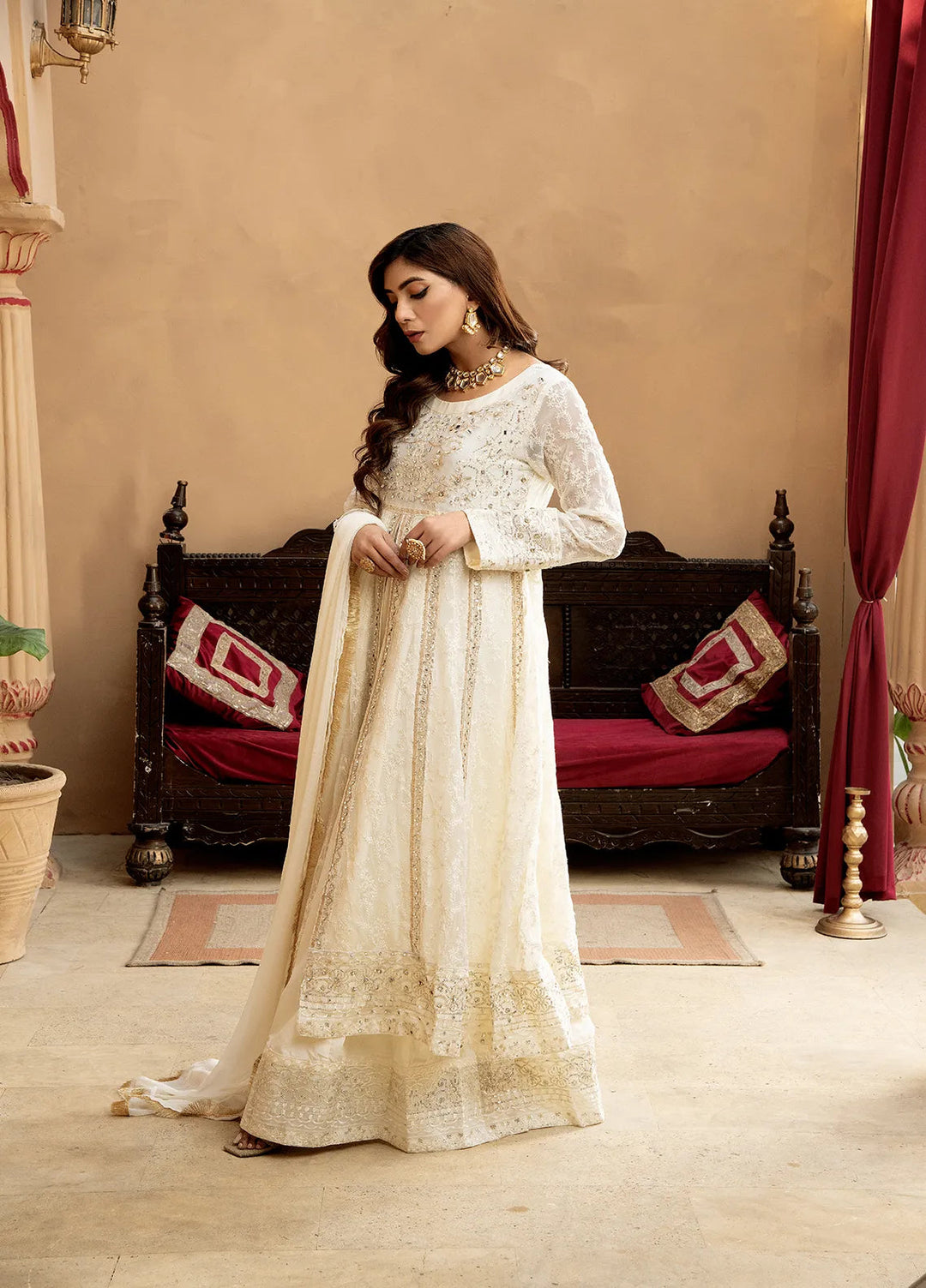 Manahils Pret Embroidered Chiffon 3 Piece Suit B-007-Off White