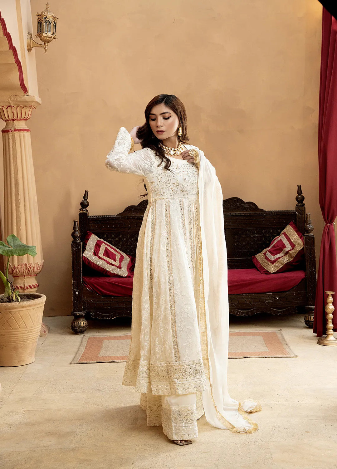 Manahils Pret Embroidered Chiffon 3 Piece Suit B-007-Off White