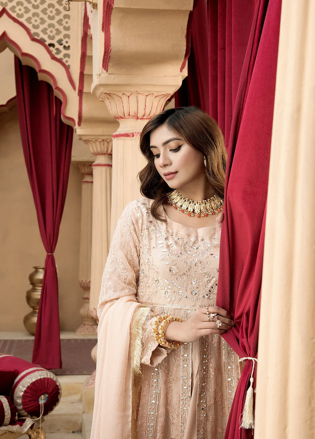 Manahils Pret Embroidered Chiffon 3 Piece Suit B-007-Peach