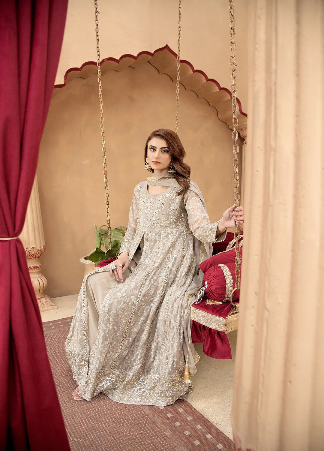 Manahils Pret Embroidered Chiffon 3 Piece Suit B-007-Sand