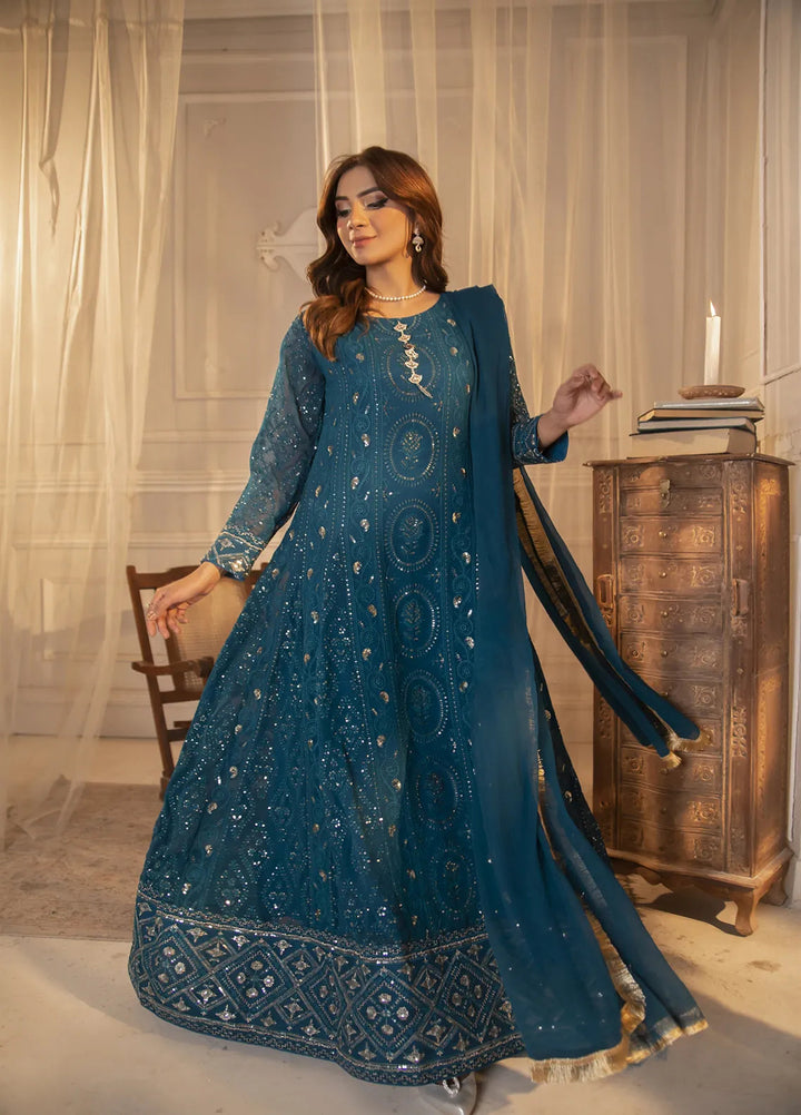 Manahils Pret Embroidered Chiffon 3 Piece Suit KURTI 098 Blue