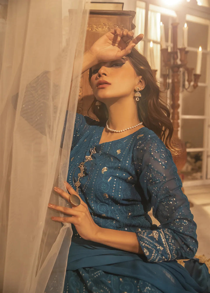 Manahils Pret Embroidered Chiffon 3 Piece Suit KURTI 098 Blue