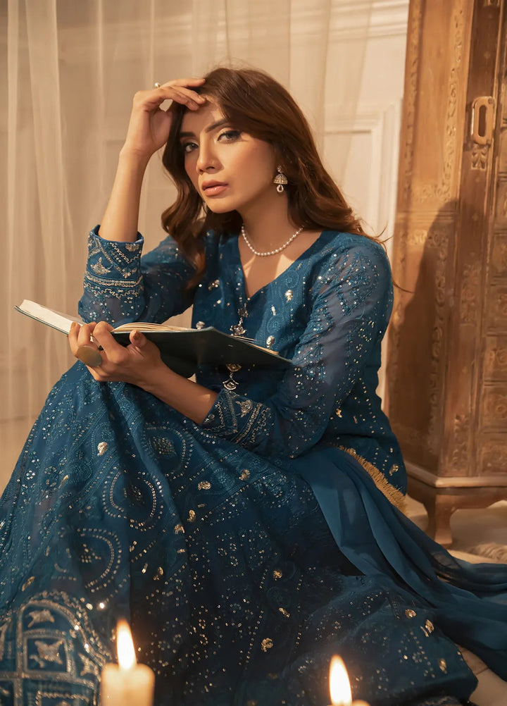 Manahils Pret Embroidered Chiffon 3 Piece Suit KURTI 098 Blue