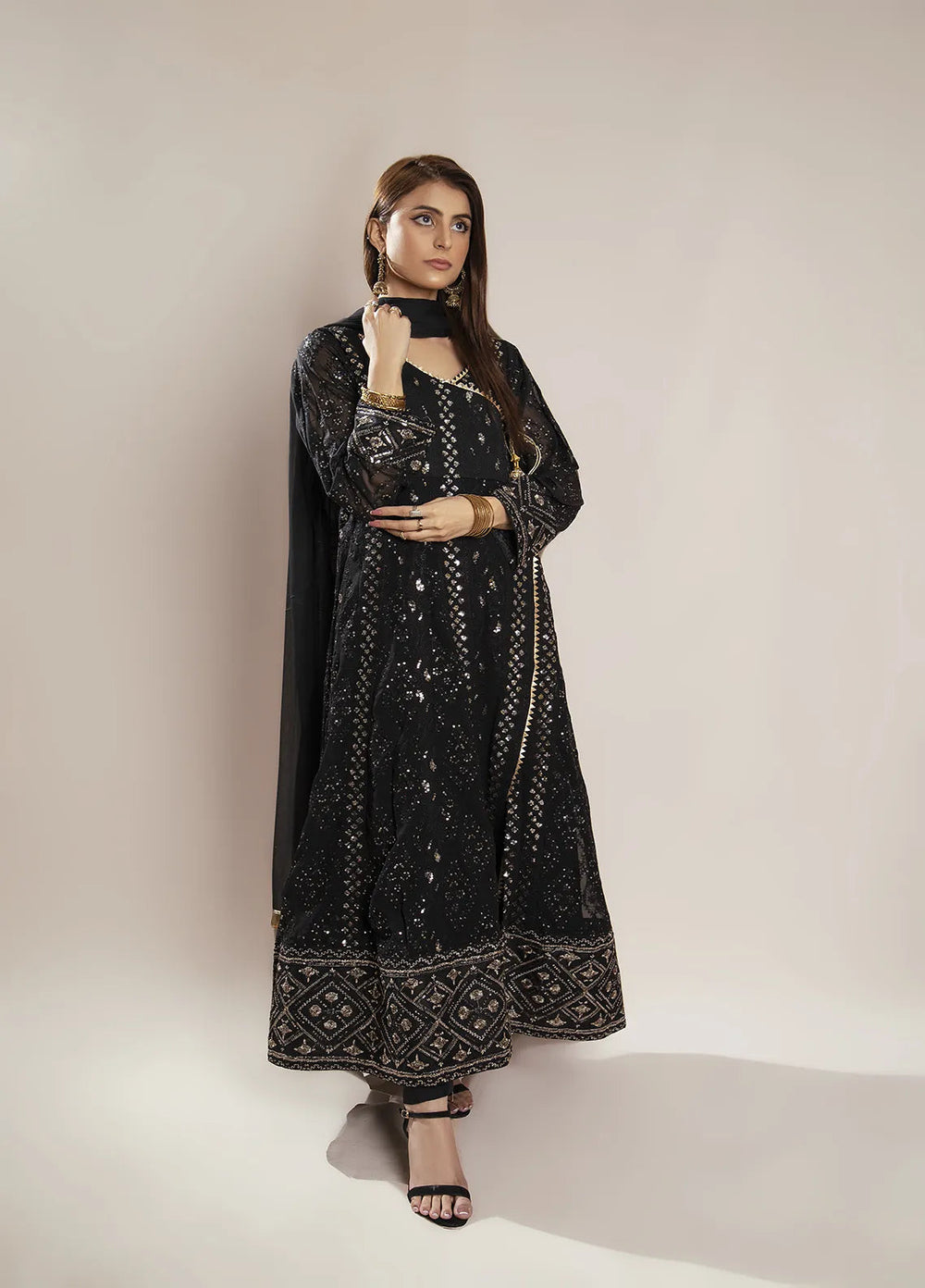Manahils Pret Embroidered Chiffon 3 Piece Suit KURTI 099 Black