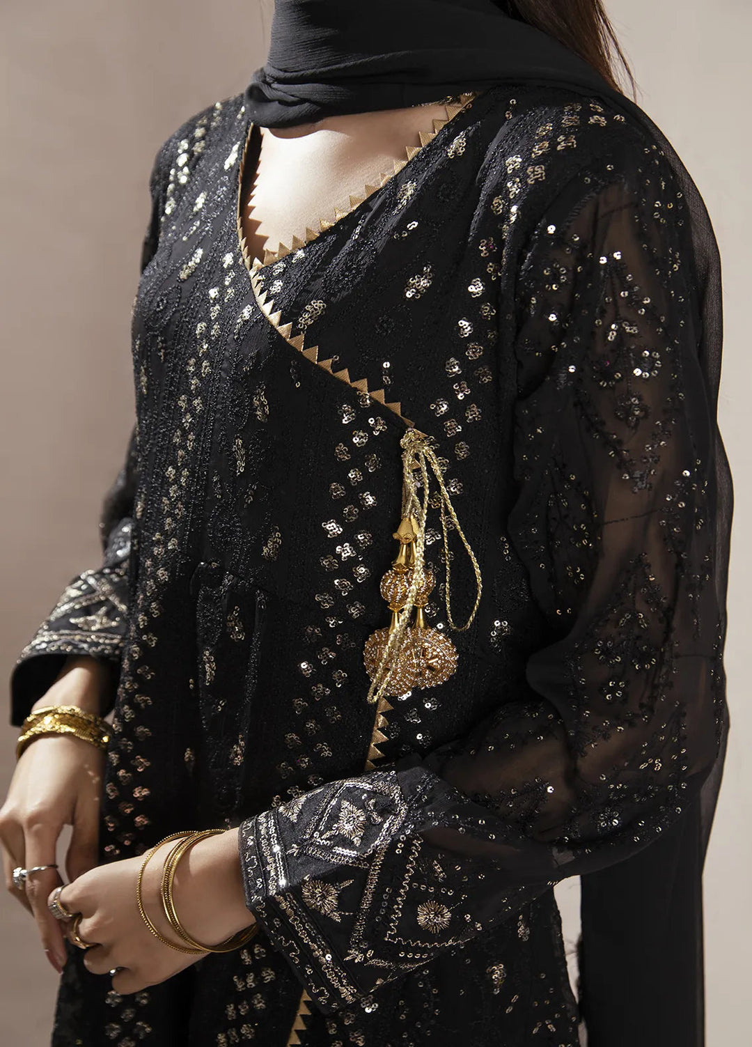 Manahils Pret Embroidered Chiffon 3 Piece Suit KURTI 099 Black
