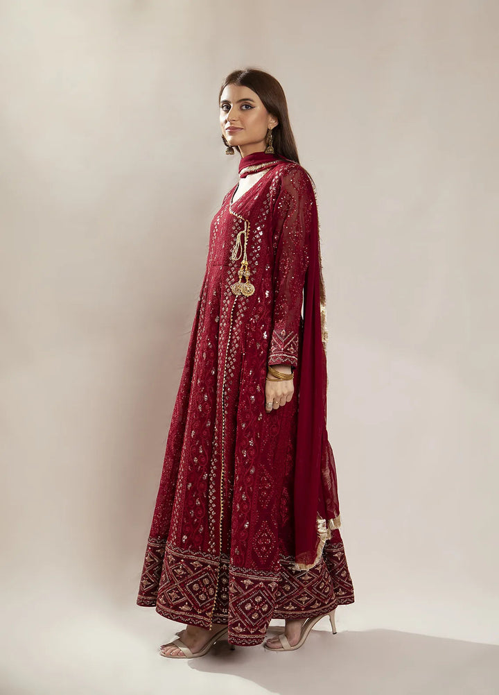 Manahils Pret Embroidered Chiffon 3 Piece Suit KURTI 099 Mehroon