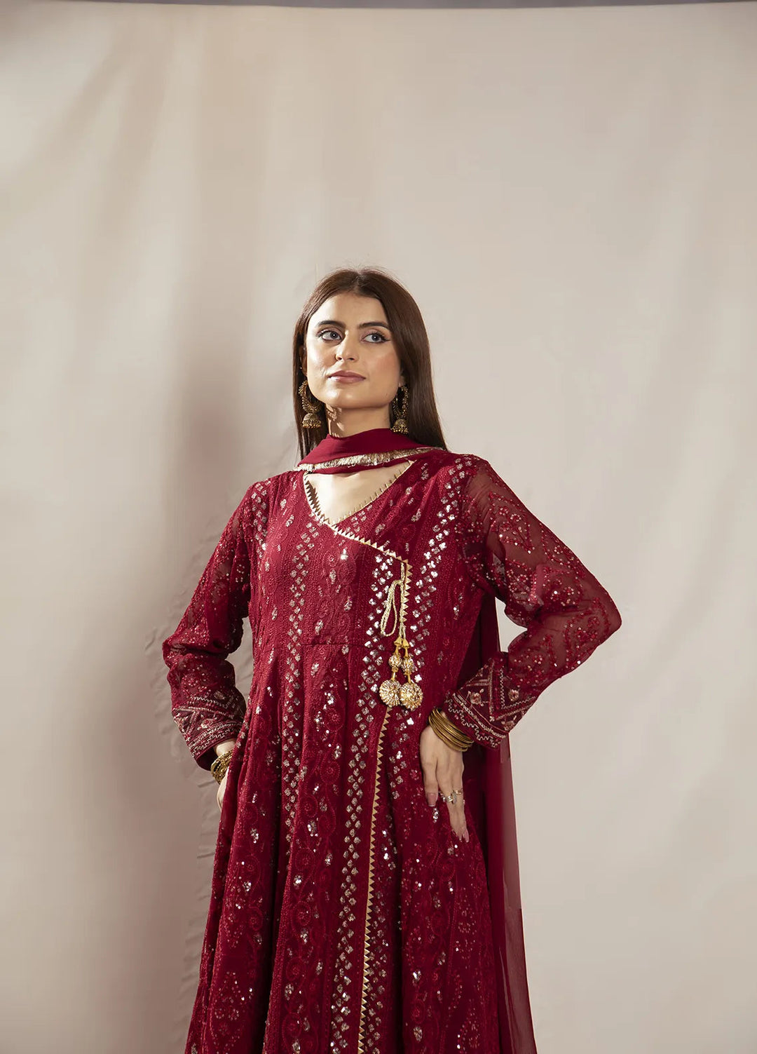 Manahils Pret Embroidered Chiffon 3 Piece Suit KURTI 099 Mehroon