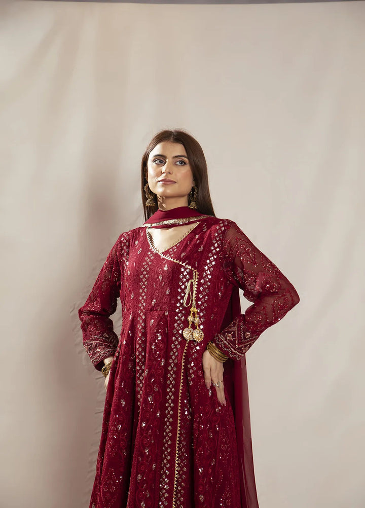 Manahils Pret Embroidered Chiffon 3 Piece Suit KURTI 099 Mehroon