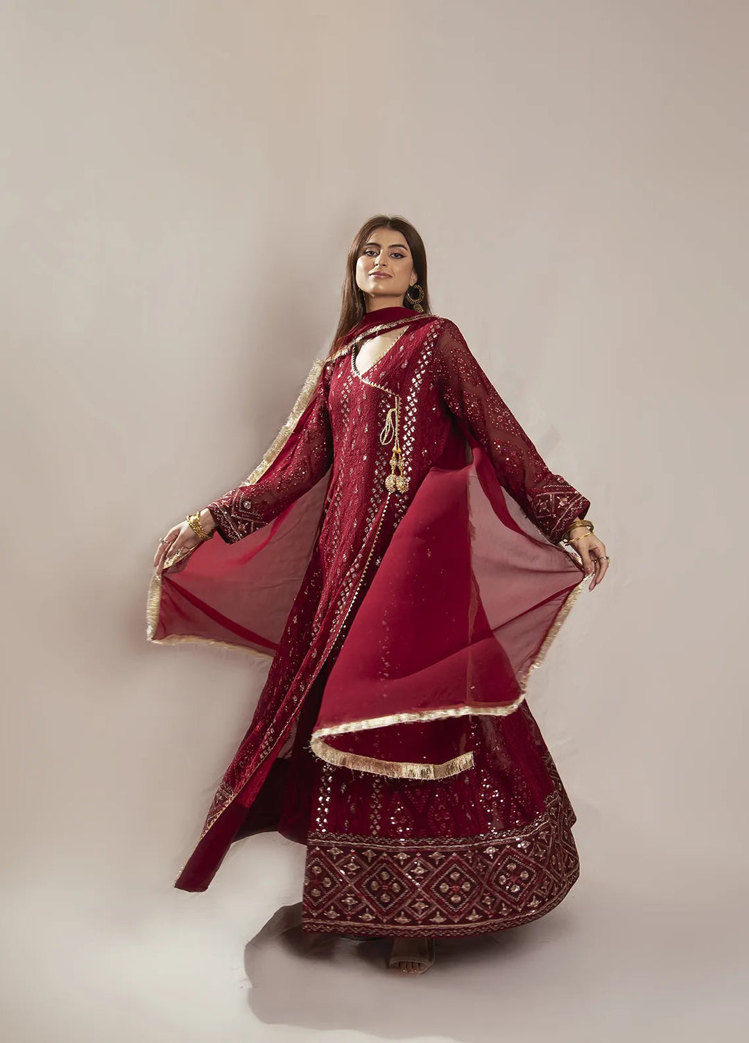 Manahils Pret Embroidered Chiffon 3 Piece Suit KURTI 099 Mehroon