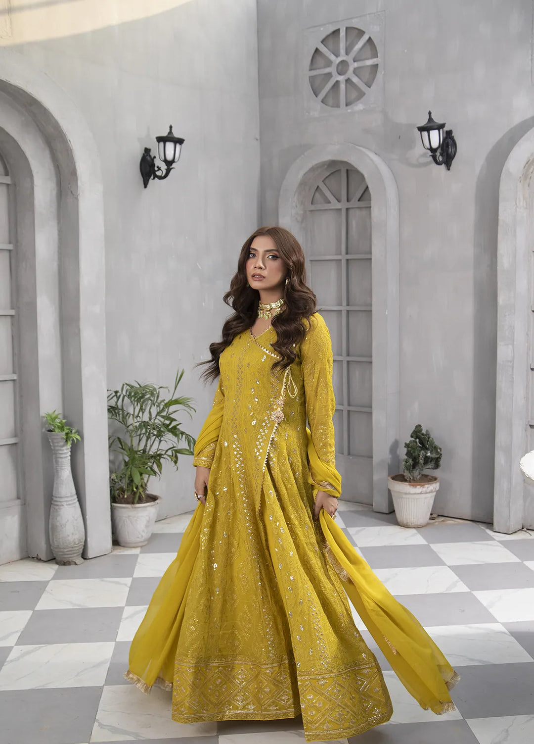 Manahils Pret Embroidered Chiffon 3 Piece Suit KURTI 099 Mustard