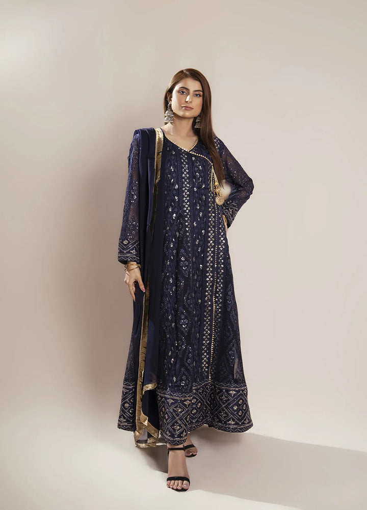 Manahils Pret Embroidered Chiffon 3 Piece Suit KURTI 099 Navy-Blue