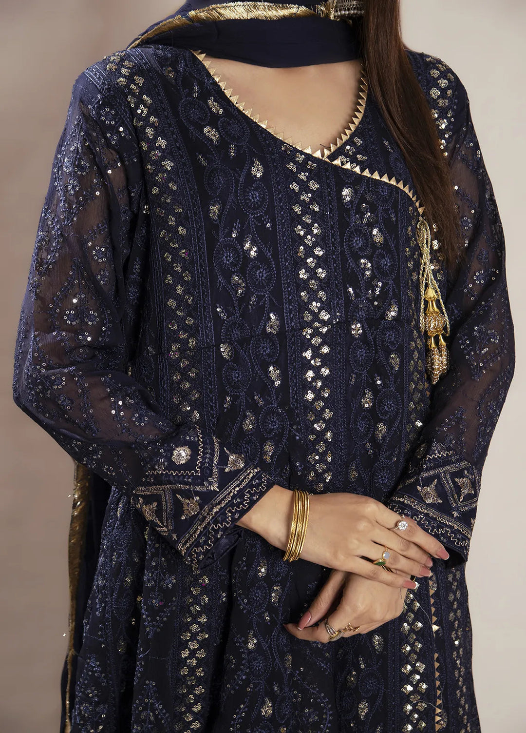 Manahils Pret Embroidered Chiffon 3 Piece Suit KURTI 099 Navy-Blue