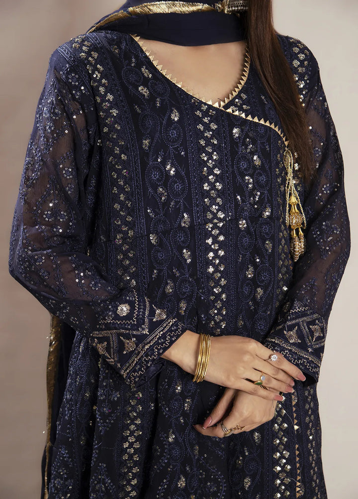 Manahils Pret Embroidered Chiffon 3 Piece Suit KURTI 099 Navy-Blue