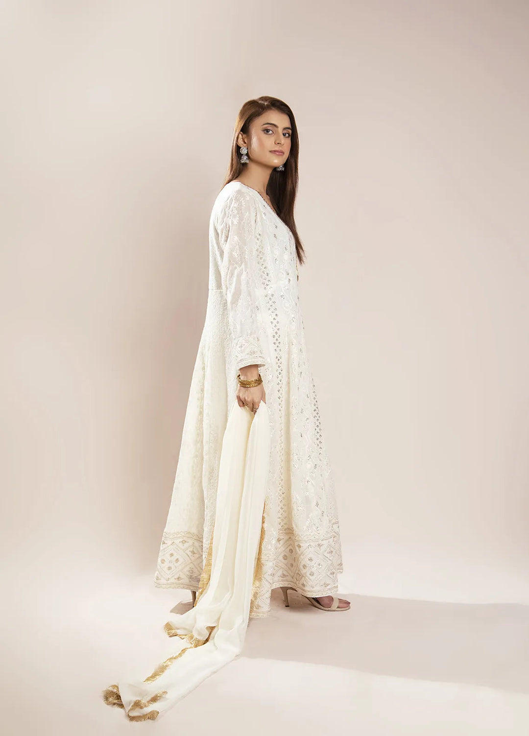 Manahils Pret Embroidered Chiffon 3 Piece Suit KURTI 099 Off-White