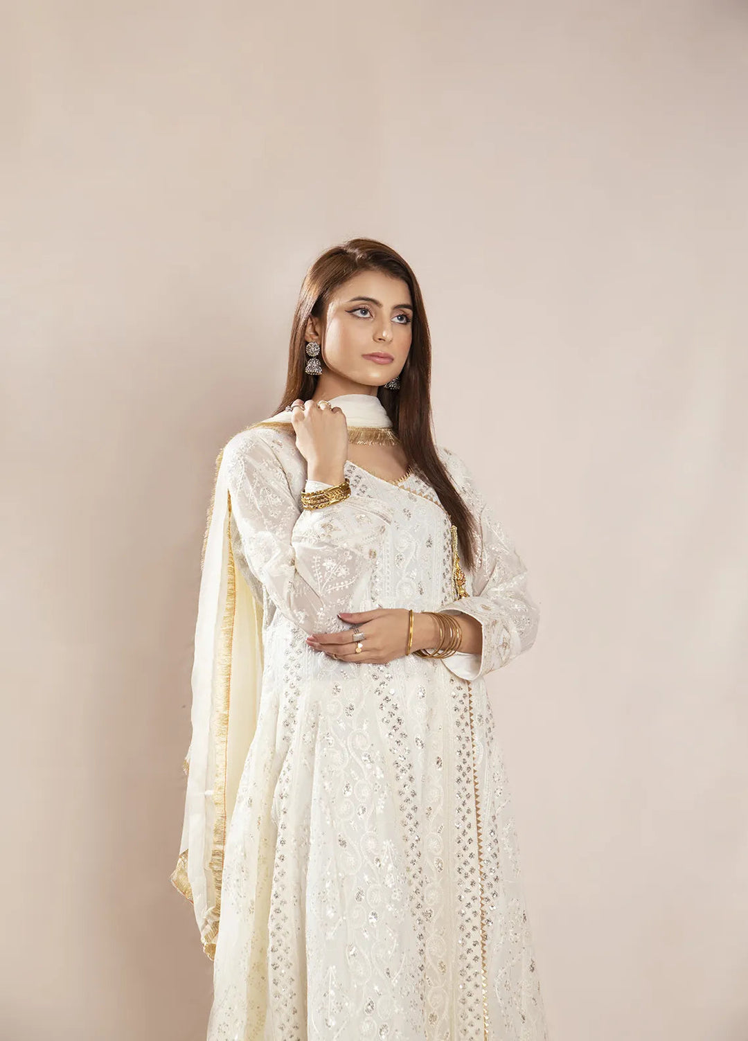 Manahils Pret Embroidered Chiffon 3 Piece Suit KURTI 099 Off-White