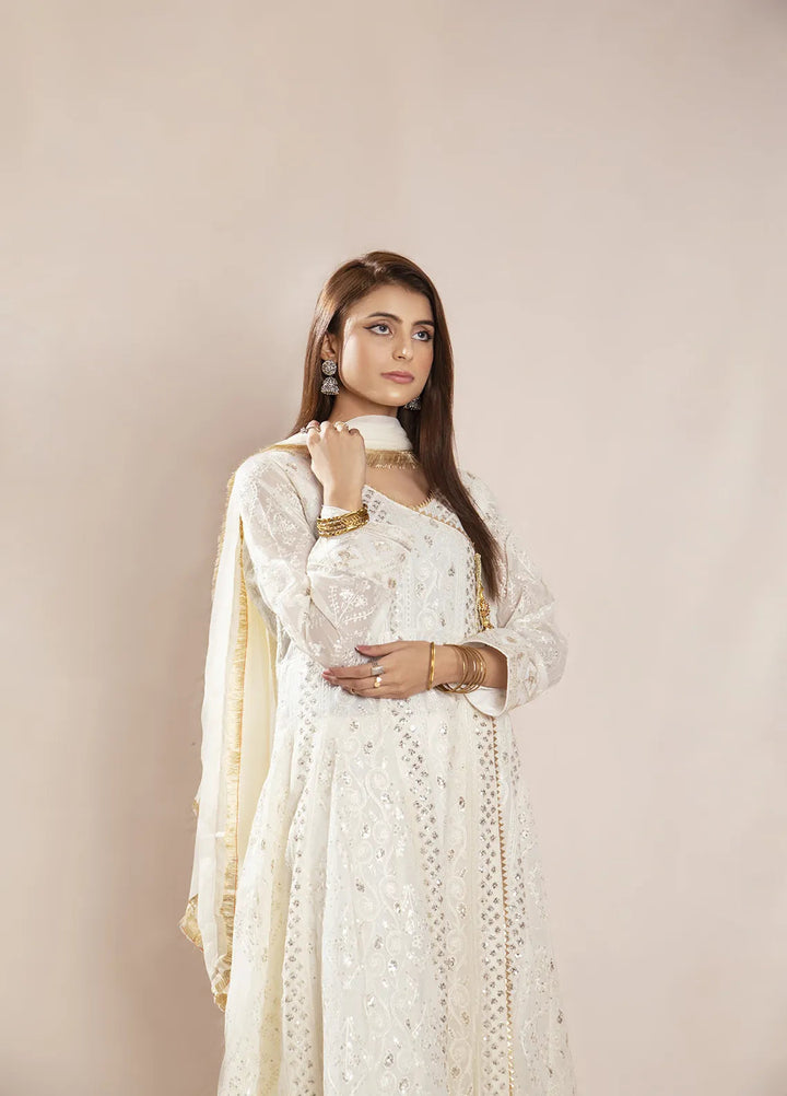 Manahils Pret Embroidered Chiffon 3 Piece Suit KURTI 099 Off-White