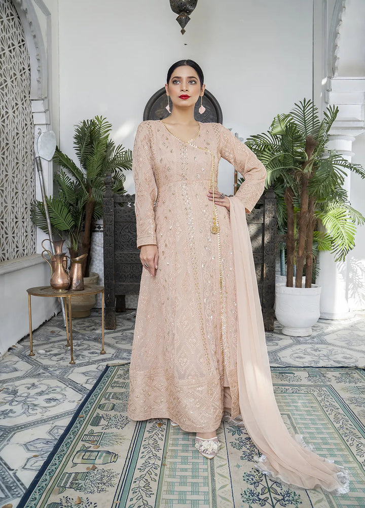 Manahils Pret Embroidered Chiffon 3 Piece Suit Kurti-099-Peach