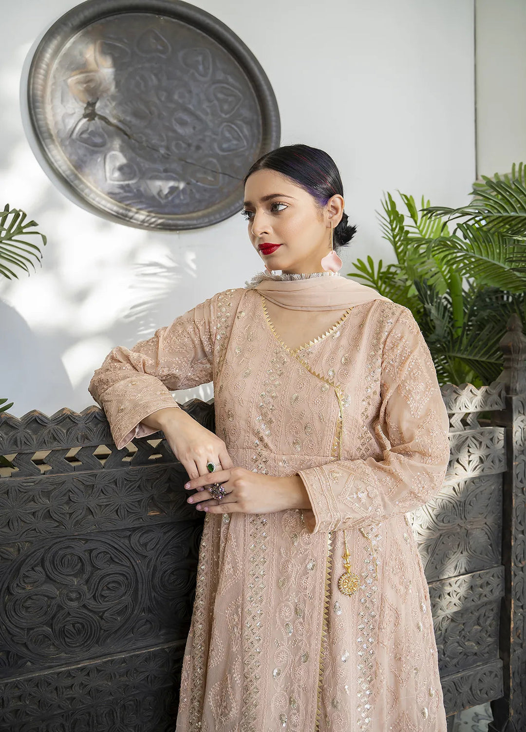 Manahils Pret Embroidered Chiffon 3 Piece Suit Kurti-099-Peach